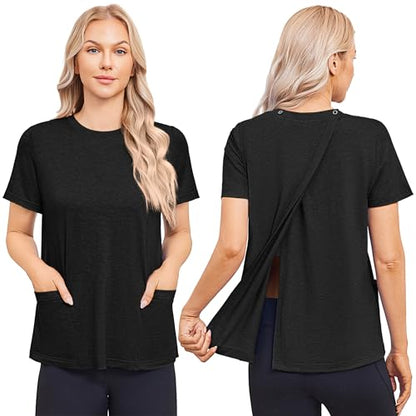 Deyeek Post Surgery Shirts for Women Tear Away Snap Open Back Hospital Tops - color: Black, size: Large
