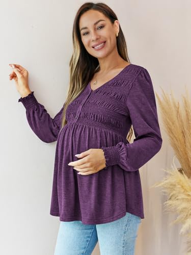 FMEYOA Maternity Tops V Neck Puff Sleeve Smocked Button Maternity Shirts - color: Purple, size: Medium