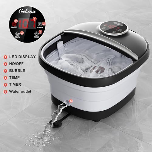 GEHONA Collapsible Foot Spa Bath with Heat, Foot Massager with Two Side Supports, Leakage Protector, Temperature Control, Bubbles, Red Light, Timer, Feet Soaker, Gifts (Deep Black) - color: Deep Black