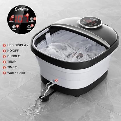 GEHONA Collapsible Foot Spa Bath with Heat, Foot Massager with Two Side Supports, Leakage Protector, Temperature Control, Bubbles, Red Light, Timer, Feet Soaker, Gifts (Deep Black) - color: Deep Black