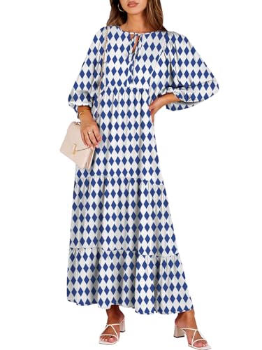 ANRABESS Womens Boho Floral 3/4 Puff Sleeve Maxi Dress - color: Blue, size: Medium