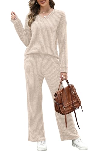 RUMIA Lounge Sets for Women Cozy Travel Matching Sweater Fall Outfits - color: Beige, size: Medium