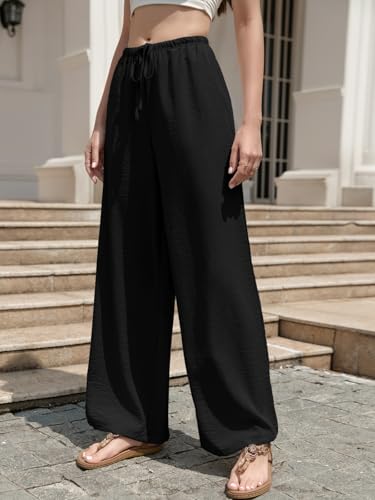 Wide Leg Pants for Women Flowy Palazzo Pants Drawstring Elastic Beach Trousers with Pockets Summer Vacation - color: Black, size: X-Small