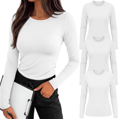 3 Pack Womens Long Sleeve Underscrub Shirts - color: White, size: Medium