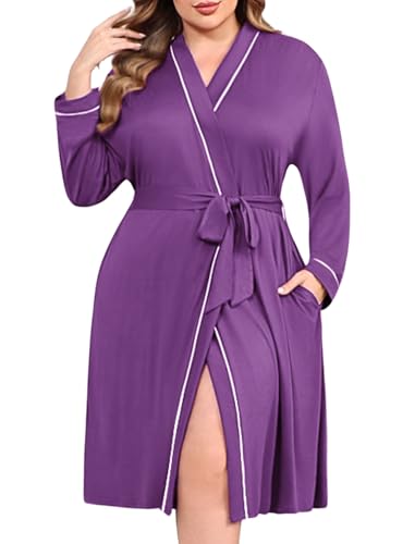 Ekouaer Plus Size Robes for Women Soft Bathrobe V Neck Soft Maternity Robe - color: Purple, size: 5X