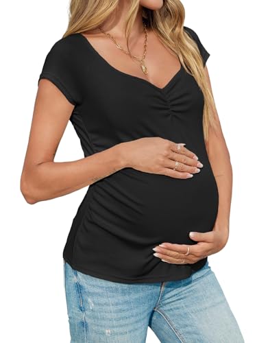 Tankaneo Womens Vneck Maternity Tops Cap Sleeve Fit Ribbed Pregnancy Tshirt - color: Black, size: Medium