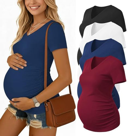 Ekouaer Maternity Shirts 4 Pack V Neck Pregnancy Clothes Summer Tops Tshirt - color: Black/Blue/Dark Red/White, size: Large