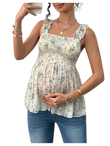 SweatyRocks Women's Maternity Tank Tops Floral Babydoll Blouse Shirts Top - color: Beige Blue, size: X-Large