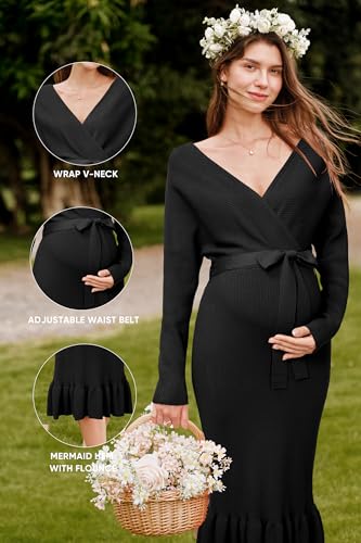 OUGES 2025 Maternity Sweater Nursing Dress for Photoshoot Baby Shower Wedding Guest Outfits Fishtail Ribbed Knit Clothes - color: Black, size: X-Large