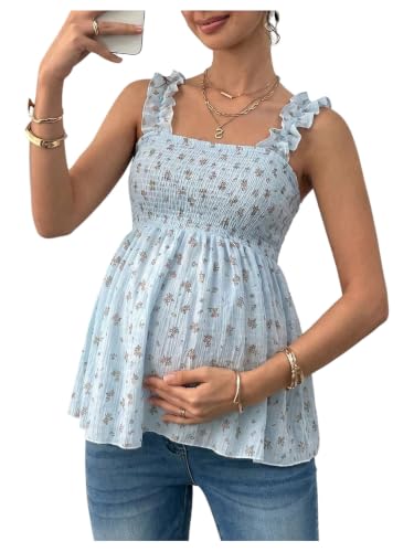 SweatyRocks Women's Maternity Tank Tops Floral Babydoll Blouse Shirts Top - color: Light Blue, size: Small