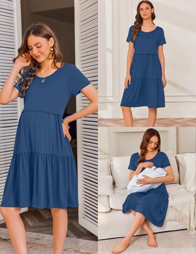 Maternity Dress Summer Short Sleeve Casual Nursing Dresses Breastfeeding - color: Grey Blue, size: Medium