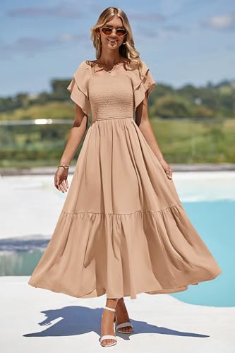 MASCOMODA Womens Summer Casual Smocked Flowy Midi Dress - color: Khaki, size: Small