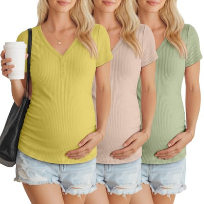 3 Pack Women's Maternity Shirts - color: Yellow, Apricot, Light Green, size: X-Large