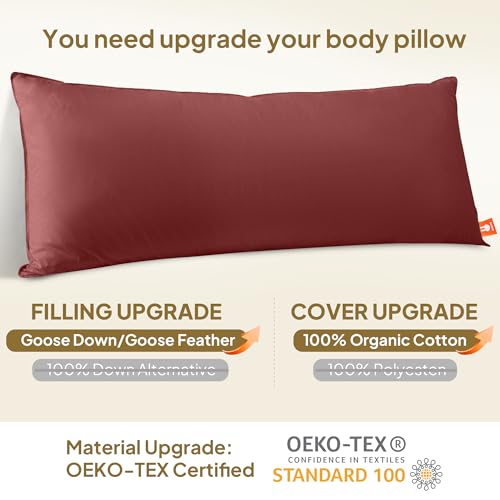 Goose Down Body Pillow for Adults, Burgundy, 20"x54" - color: Burgundy, size: 20"x54"