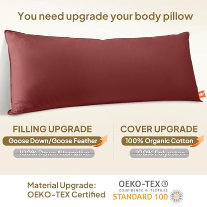 Goose Down Body Pillow for Adults, Burgundy, 20"x60" - color: Burgundy, size: 20"x60"
