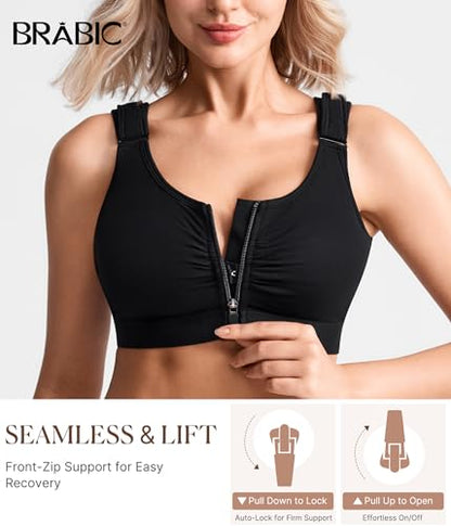 BRABIC Zip Front Closure Everyday Bras for Women Post Sugery Compression - color: Black, size: 3X-Large
