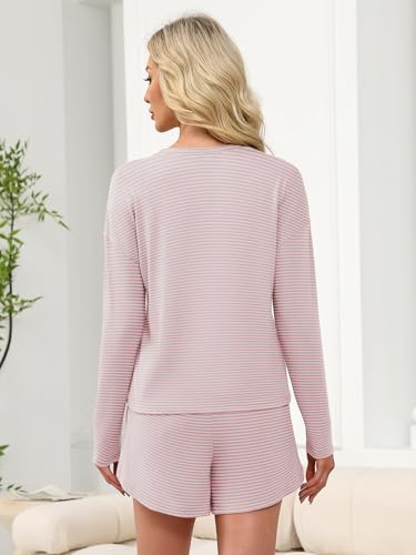ANRABESS Womens Long Sleeve Striped Pajama 2 Piece Lounge Sets - color: Pink White, size: Medium