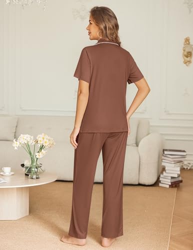 Ekouaer Womens Pajama Sets Button Down Lounge Sets 2 Piece Short Sleeve Pjs - color: Brown, size: Small