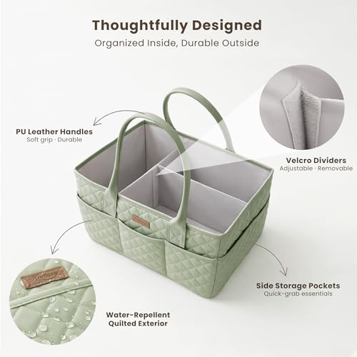 Konssy Baby Diaper Caddy Organizer, Solid Design with PU Leather Handles - color: Fog Green