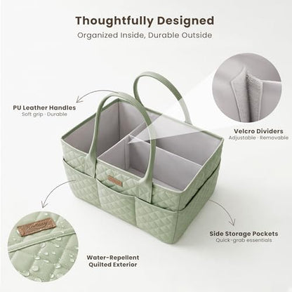 Konssy Baby Diaper Caddy Organizer, Solid Design with PU Leather Handles - color: Fog Green