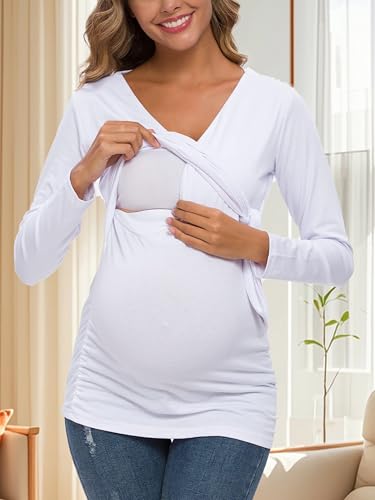 Glampunch Maternity Shirts Short & Long Sleeve Wrap Maternity Tops - color: 04-white, size: Small