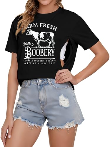 Women's Breastfeeding Shirt Zipper Nursing T-Shirt Maternity Graphic Tees - color: Black, size: Medium