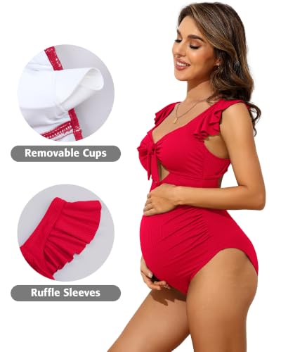 Charmo Ruffle Maternity Bathing Suits Ribbed Tie Knot Pregnancy Swimsuit - color: Bright Red, size: Small