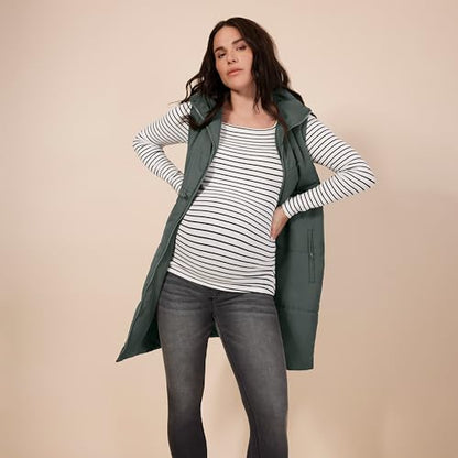 Motherhood Maternity Women's Sleeveless Long Pregnancy Puffer Vest with Pockets - color: Olive, size: Small