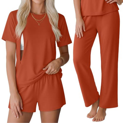 3 Piece Postpartum Nursing Pajamas Set Nursing Lounge Set - color: Orange, size: Large