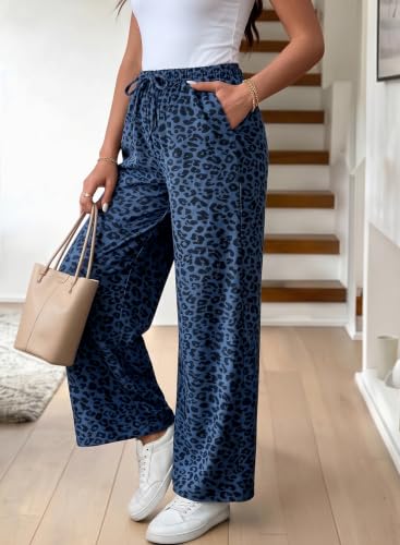BLENCOT Maternity Pants Leopard Wide Leg Drawstring Pregnancy Trousers - color: Blue, size: Large