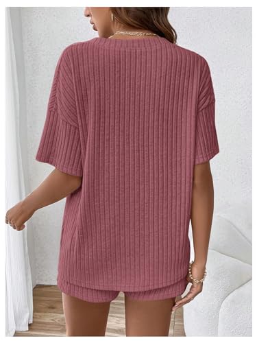 MakeMeChic Women's Maternity 2 Piece Sets Ribbed Shirt and Biker Shorts - color: Rusty Rose, size: Medium