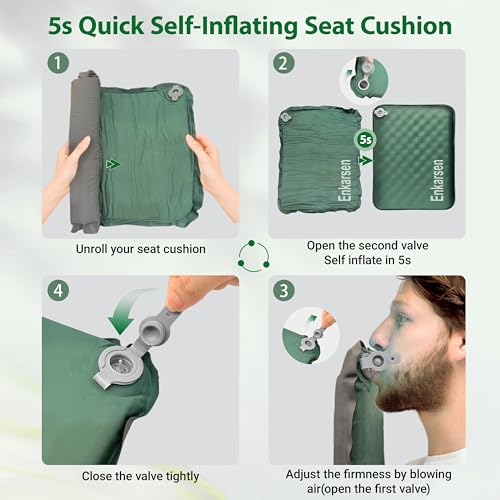 Inflatable Travel Seat Cushion – Self-Inflating Memory Foam Pad for Airplane, Stadium Bleachers, Camping, Hiking & Backpacking – Ultralight Compact & Portable Sitting Cushion (Green) - color: Green