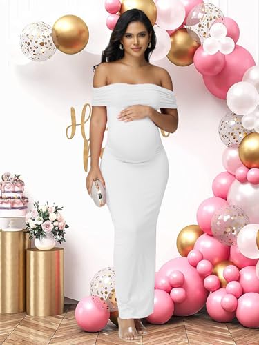 Women's Maternity Mesh Off Shoulder Party Long Dress Baby Shower - color: White, size: Medium