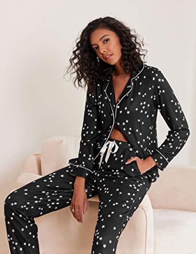 Ekouaer Women's Pajamas Long Sleeve Loungewear Casual Button Down Pjs - color: Black With Stars, size: Small