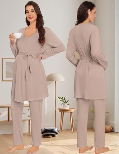 SWOMOG Maternity Pajamas Set 3 PCS Nusing Pajamas Labor and Delivery Gown & Camisole & Pants Postpartum Pjs - color: Ecru, size: Small