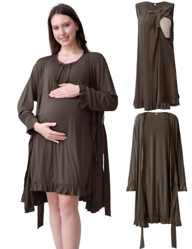 Maternity Nursing Gown & Robe Set, Ruffle Hospital Loungewear - color: Taupe, size: Large