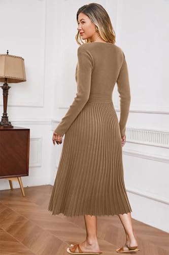 OUGES Women's Fall Maternity Dress for Photoshoot Long Sleeve Wrap V Neck Pleated Baby Shower Sweater Midi Dresses 2026 - color: Camel, size: XX-Large