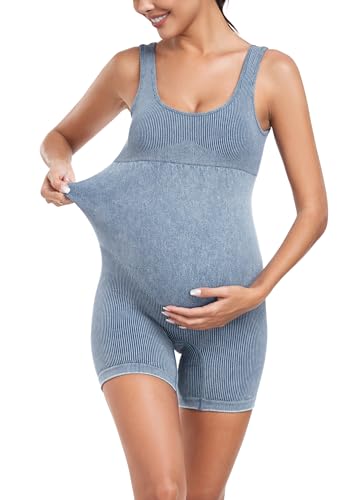 EastElegant Maternity Seamless Yoga Jumpsuits Women's One Piece Workout Bodysuits Ribbed Square Neck Romper - color: Denim Blue, size: Large