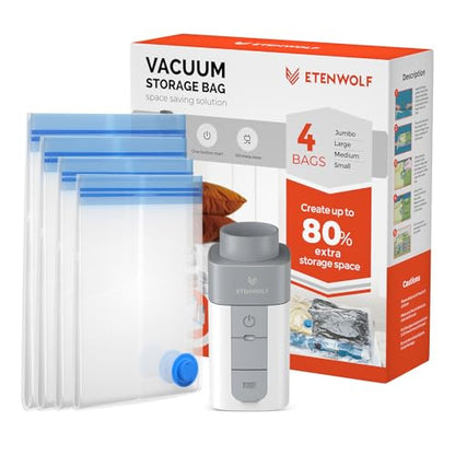 ETENWOLF 4 Combo Vacuum Storage Bags for Travel with Wireless Pump - size: 4 Combo Size-E
