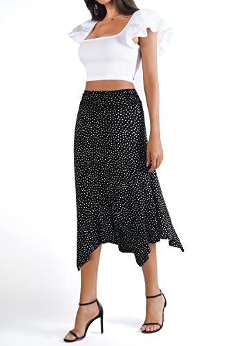 DJT Women's Flowy Handkerchief Hemline Midi Skirt - color: Black Polka Dots, size: Medium