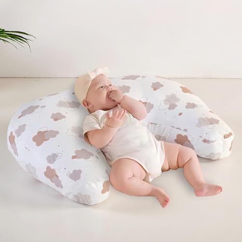 U-Shape Breastfeeding Nursing Pillow Set, 1 Insert and 2 Removable Covers - color: White & Pink Clouds