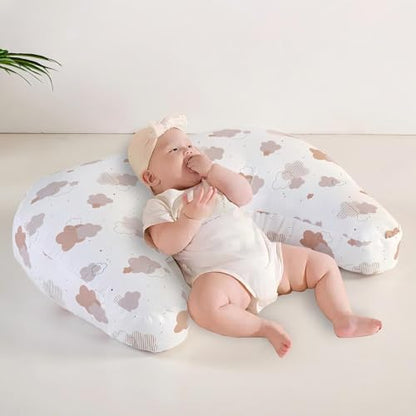 U-Shape Breastfeeding Nursing Pillow Set, 1 Insert and 2 Removable Covers - color: White & Pink Clouds