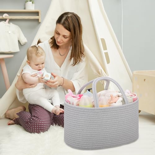 COMSE Large Cotton Rope Baby Diaper Caddy Organizer with Handles, Cool Gray - color: Cool Gray, size: Large