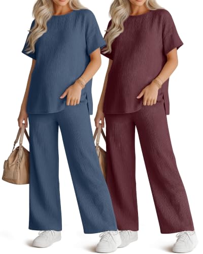 Ficerd 4 Pcs 100% Cotton Muslin Maternity Pajamas Lounge Sets - color: Blue, Wine Red, size: Medium
