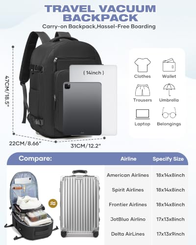suradar Vacuum Backpack Travel with Pump,Travel Backpack with One Button Vacuum System Vacpack Sealed Compression Airbag Carry on Black - color: X2-black