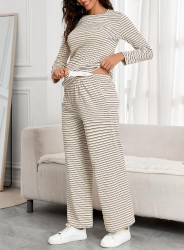BLENCOT Maternity 2 Piece Outfits Striped Long Sleeve Pregnancy Set - color: Apricot, size: Large