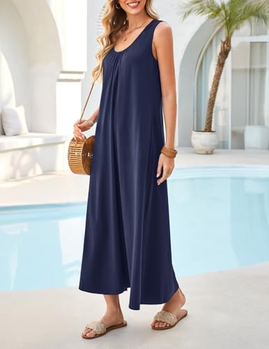 MEROKEETY Women's Summer Boho Sleeveless Ruched Maxi Dress - color: Navy, size: Small