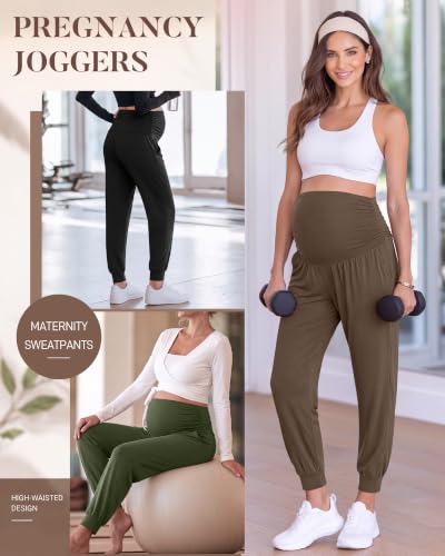 Neer 3 Pack Maternity Joggers Lounge Sweatpants with Pockets - color: Black, Army Green, Light Coffee, size: Small
