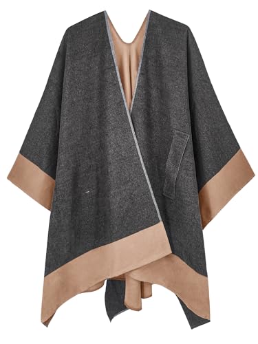 Moss Rose Women Shawl Wrap Poncho Open Front Cardigan Shawl for Fall Winter - color: Grey+camel 2, size: One Size