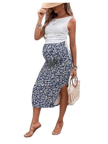 Milumia Women's Maternity Two Piece Set Tank Top and Floral Midi Skirt Sets - color: Navy Blue, size: Medium